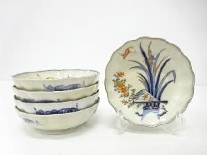 古伊万里　染付赤絵　鶴に花　なます皿　5客揃